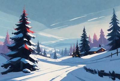 The primary subject of the image is a snowy landscape with a road and a house. The setting is a wintery environment with snow-covered trees and a mountain in the background. The visual style is a digital art or illustration, creating a serene and peaceful atmosphere. The dominant colors are white and shades of blue, reflecting the cold and snowy conditions.